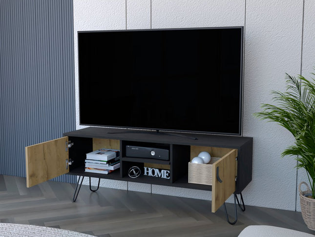 48" Beige and Black Cabinet Open And Enclosed Storage TV Stand