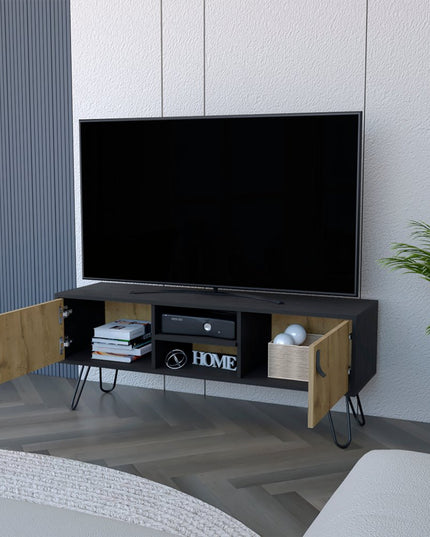 48" Beige and Black Cabinet Open And Enclosed Storage TV Stand