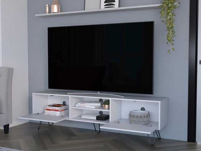 71" White Cabinet Open And Enclosed Storage TV Stand