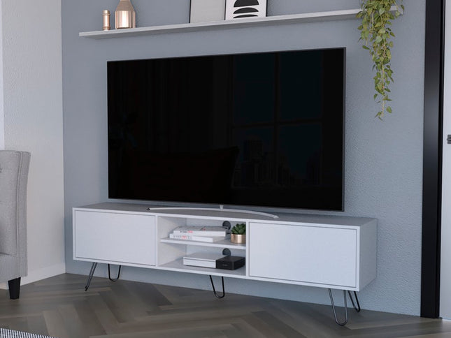 71" White Cabinet Open And Enclosed Storage TV Stand