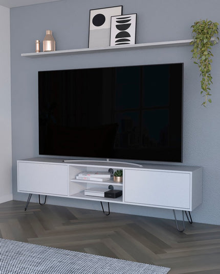 71" White Cabinet Open And Enclosed Storage TV Stand
