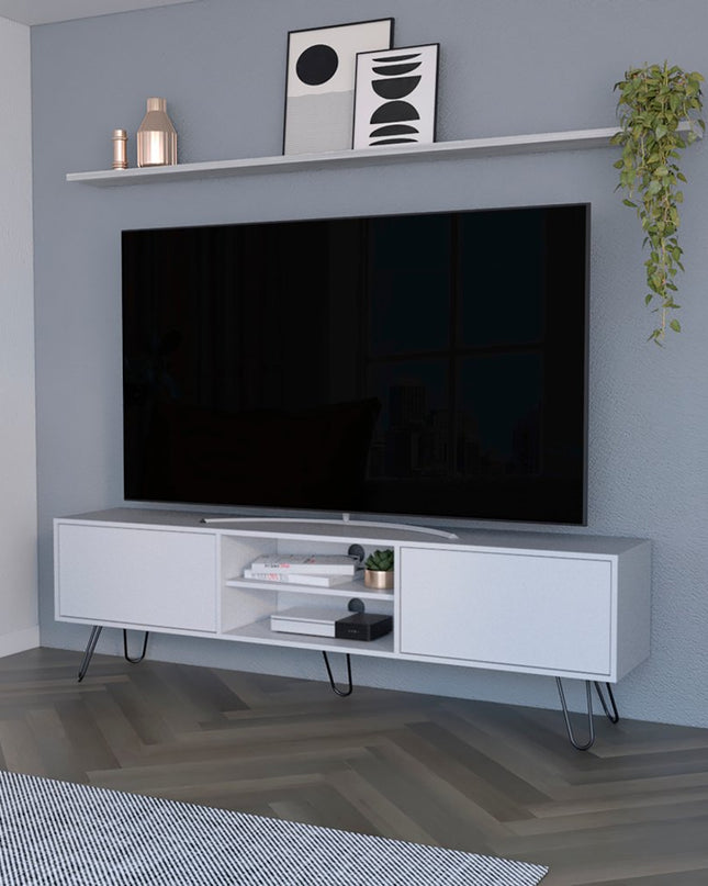 71" White Cabinet Open And Enclosed Storage TV Stand
