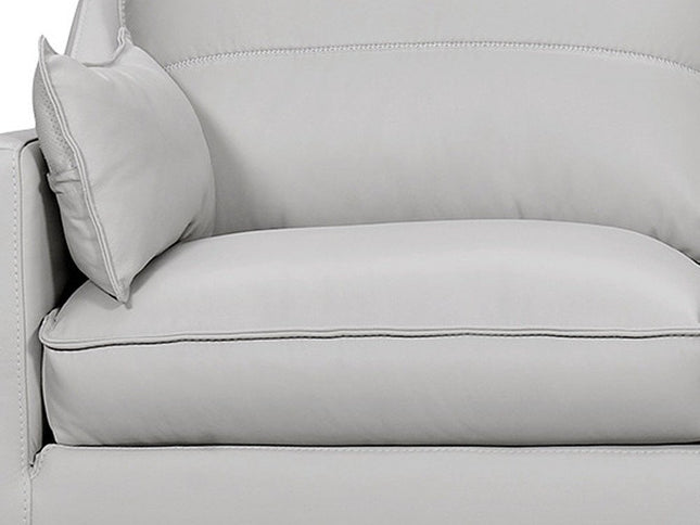 87" Gray Leather Sofa And Toss Pillows With Brown Legs