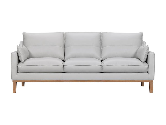 87" Gray Leather Sofa And Toss Pillows With Brown Legs