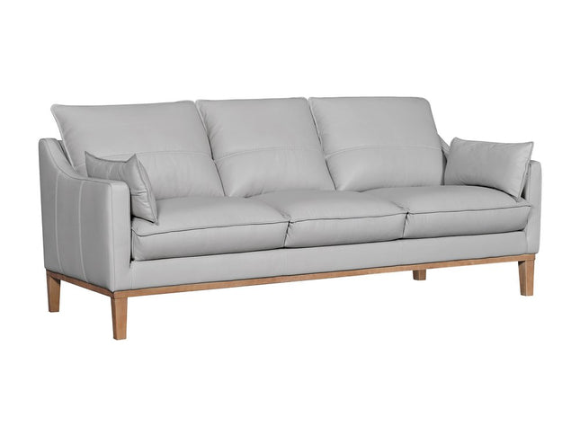 87" Gray Leather Sofa And Toss Pillows With Brown Legs