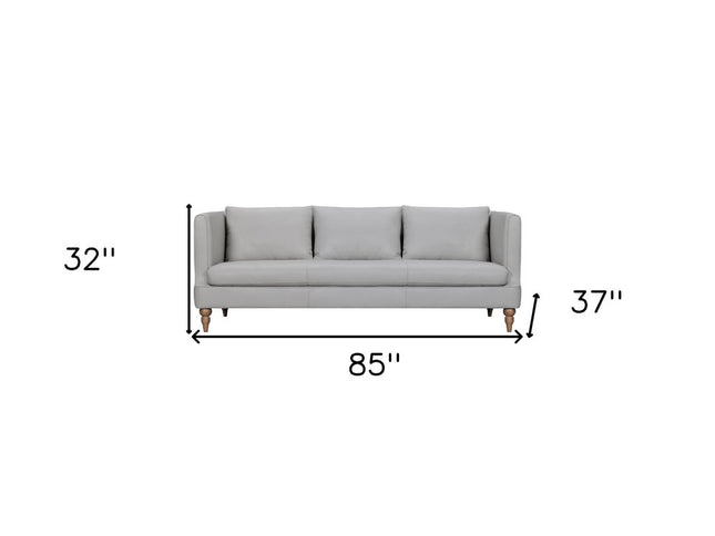 85" Gray Leather Sofa With Brown Legs