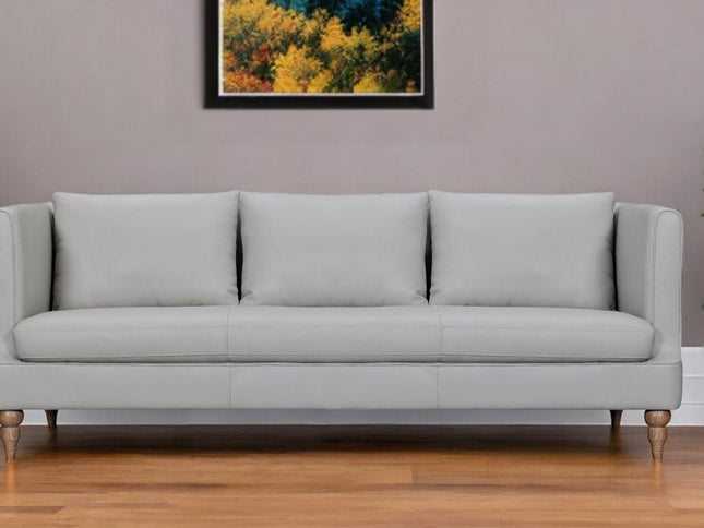 85" Gray Leather Sofa With Brown Legs