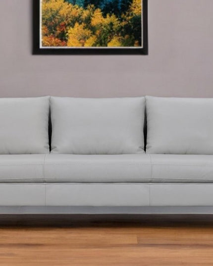 85" Gray Leather Sofa With Brown Legs