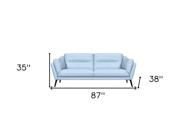 87" Sky Blue Leather Sofa With Black Legs