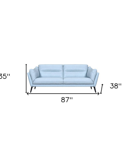 87" Sky Blue Leather Sofa With Black Legs