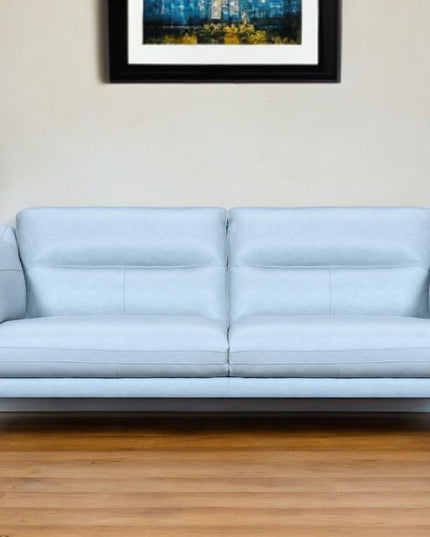 87" Sky Blue Leather Sofa With Black Legs