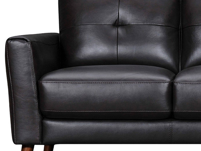 82" Black Leather Sofa With Brown Legs