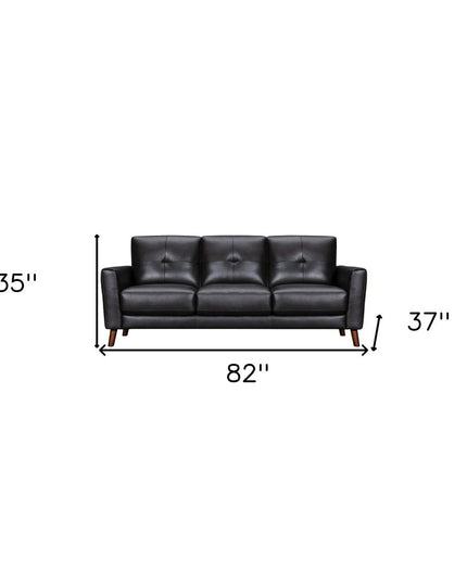 82" Black Leather Sofa With Brown Legs