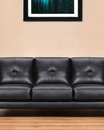 82" Black Leather Sofa With Brown Legs