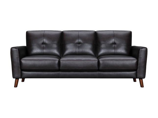82" Black Leather Sofa With Brown Legs