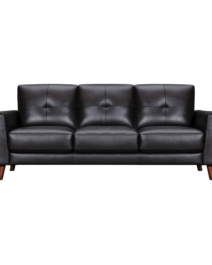 82" Black Leather Sofa With Brown Legs