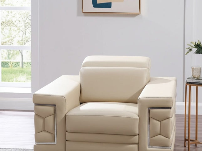 47" Beige and Silver Genuine Leather Club Chair