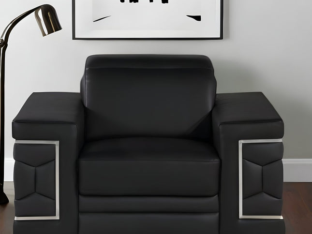 47" Black And Silver Genuine Leather Club Chair