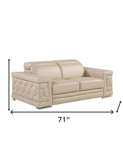 71" Beige And Silver Genuine Leather Loveseat