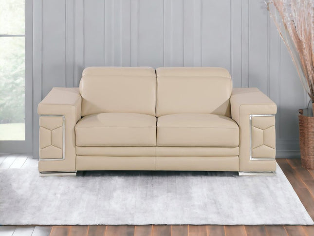 71" Beige And Silver Genuine Leather Loveseat