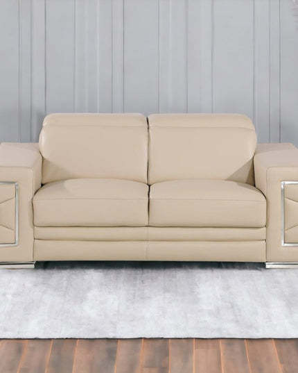 71" Beige And Silver Genuine Leather Loveseat
