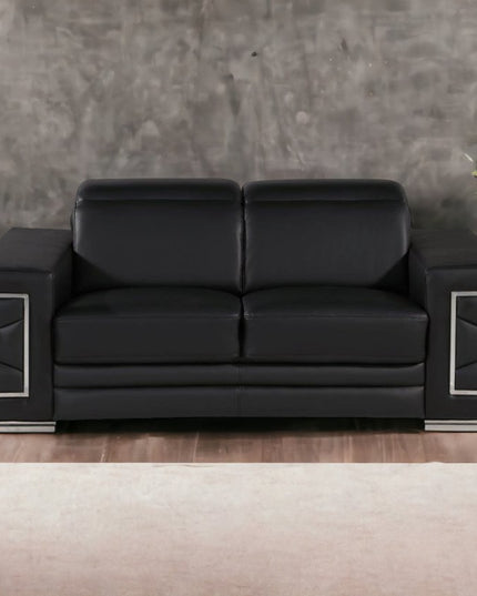 71" Black And Silver Genuine Leather Loveseat