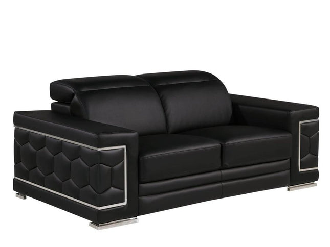 71" Black And Silver Genuine Leather Loveseat