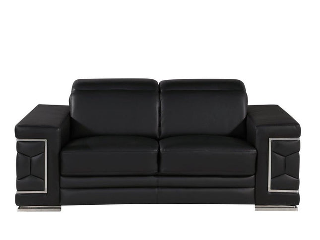 71" Black And Silver Genuine Leather Loveseat
