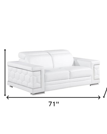 71" White And Silver Genuine Leather Love Seat