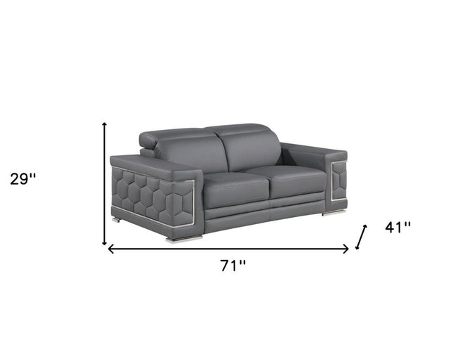 71" Gray And Silver Genuine Leather Loveseat