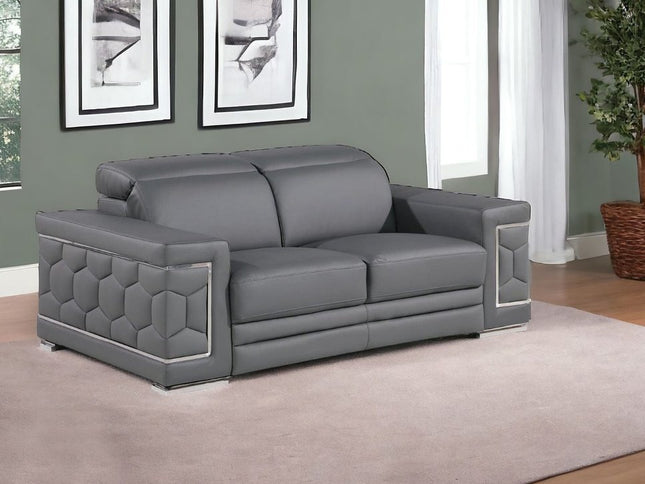 71" Gray And Silver Genuine Leather Loveseat