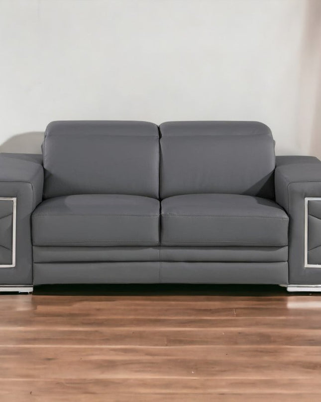 71" Gray And Silver Genuine Leather Loveseat