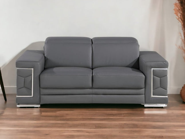 71" Gray And Silver Genuine Leather Loveseat