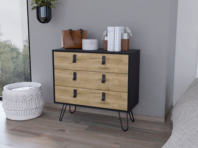 32" Natural and Black Three Drawer Dresser
