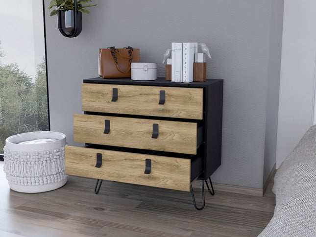 32" Natural and Black Three Drawer Dresser