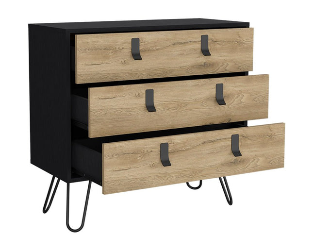 32" Natural and Black Three Drawer Dresser