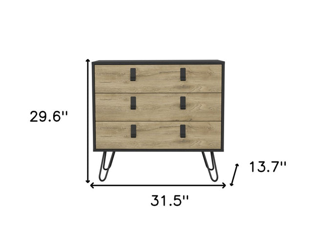32" Natural and Black Three Drawer Dresser