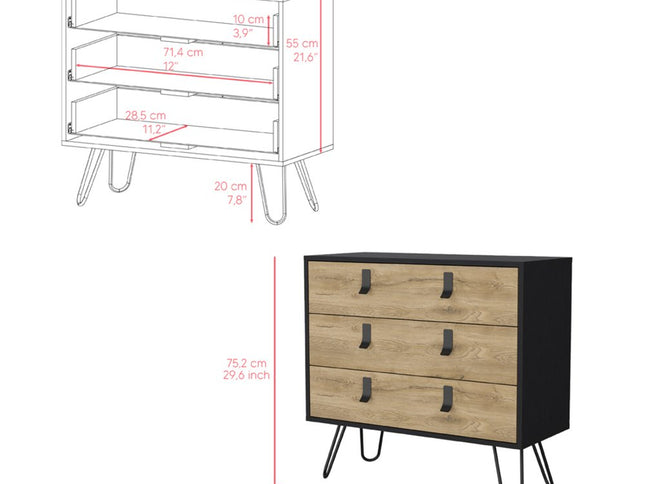 32" Natural and Black Three Drawer Dresser