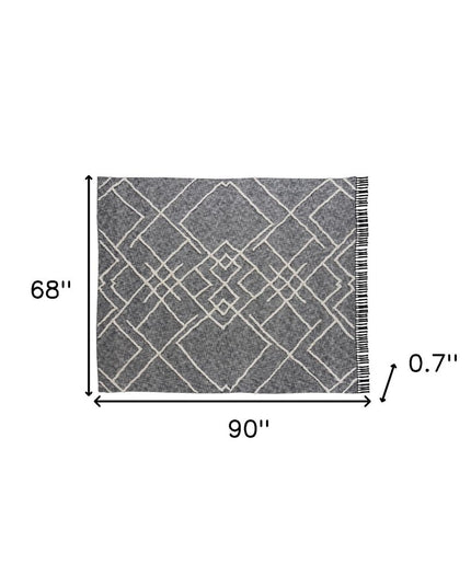 Charcoal and Off White Geometric Twin Cotton Coverlet With Fringe