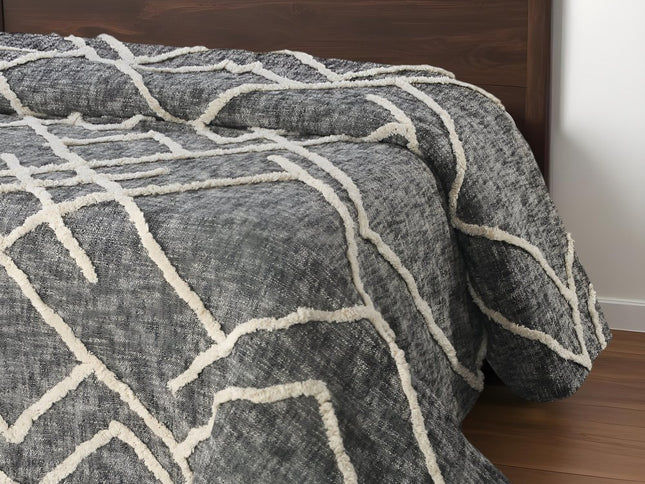 Charcoal and Off White Geometric Twin Cotton Coverlet With Fringe