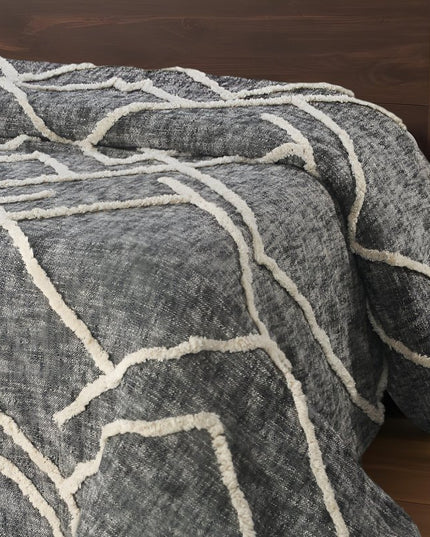 Charcoal and Off White Geometric Twin Cotton Coverlet With Fringe