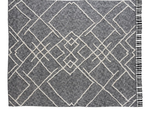 Charcoal and Off White Geometric Twin Cotton Coverlet With Fringe