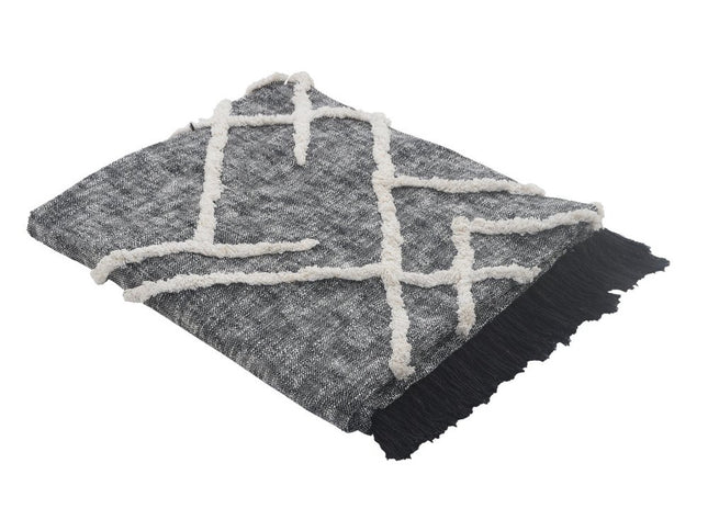 Charcoal and Off White Geometric Twin Cotton Coverlet With Fringe