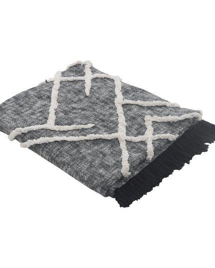 Charcoal and Off White Geometric Twin Cotton Coverlet With Fringe