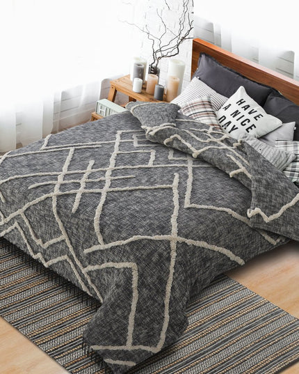 Charcoal and Off White Geometric Twin Cotton Coverlet With Fringe