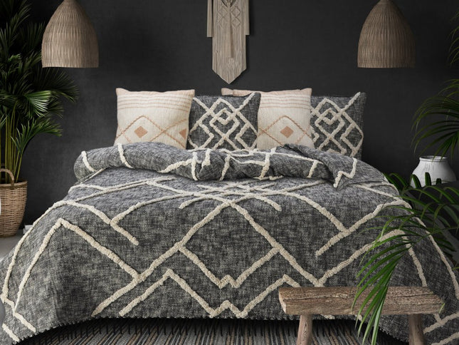 Charcoal and Off White Geometric Twin Cotton Coverlet With Fringe