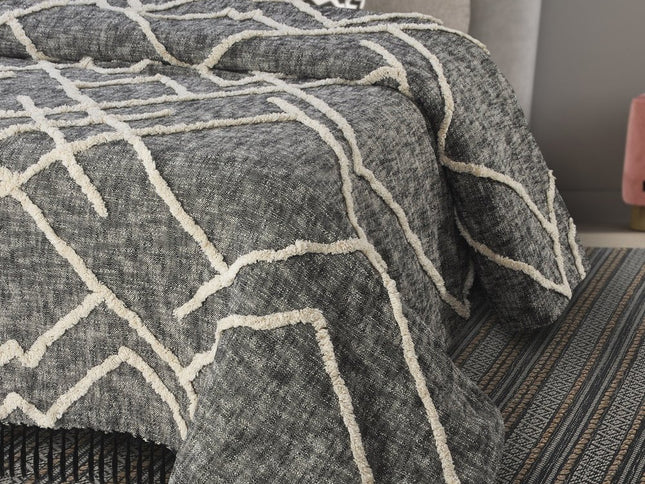 Charcoal and Off White Geometric Twin Cotton Coverlet With Fringe
