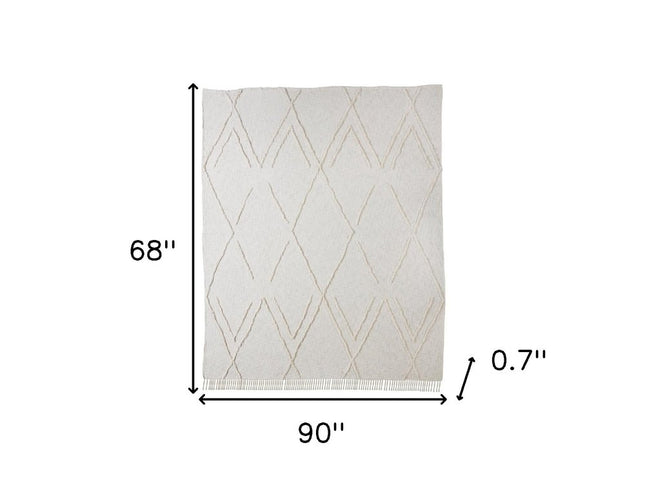 Ivory Geometric Twin Cotton Coverlet With Fringe