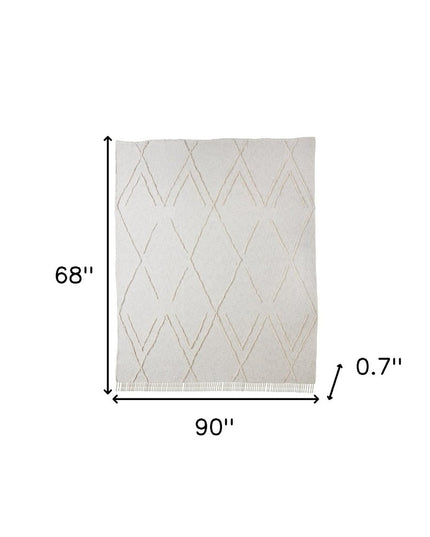 Ivory Geometric Twin Cotton Coverlet With Fringe