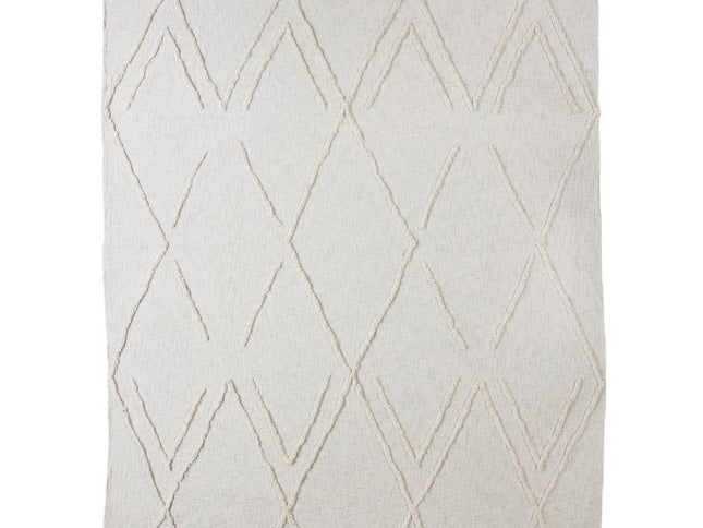 Ivory Geometric Twin Cotton Coverlet With Fringe